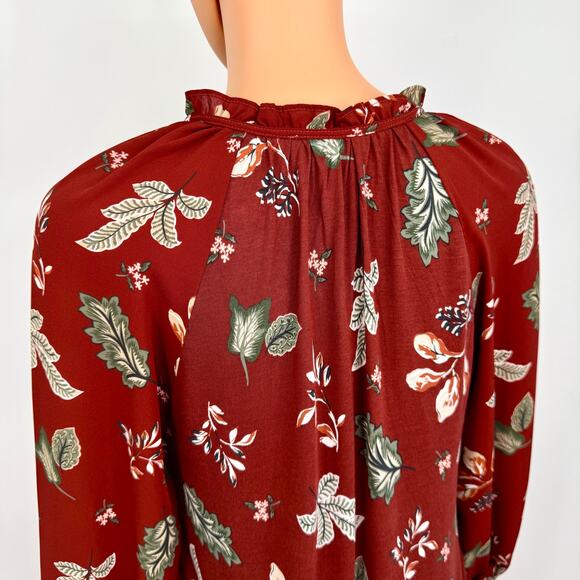 NWT Loft Peasant Blouse Size XS Rust Botanical Print 3/4 Sleeve Autumn Top - Picture 5 of 14